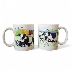 Vtg 1997 Hillside Cows Black White Holsteins Barn Farm Lake Coffee Mugs E Rosen